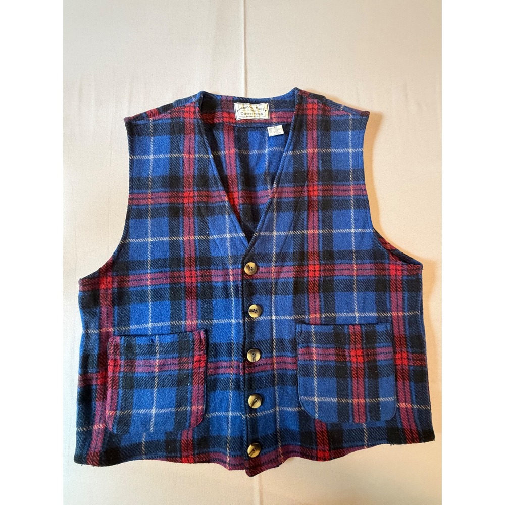 American Eagle Plaid Wool Blend Vest Mens M Blue Red Button Front Pockets Used